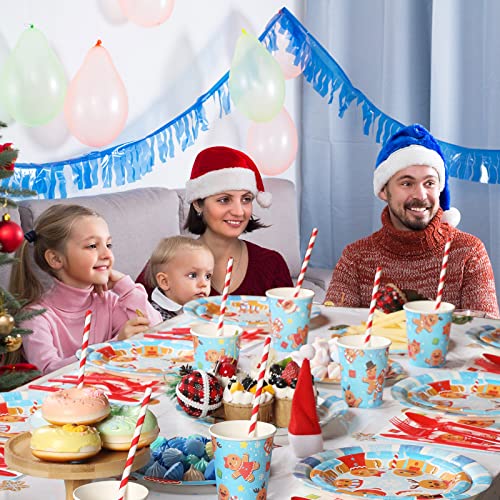 194 Pcs Merry Christmas Party Supplies For 24 Guests Gingerbread Christmas Tableware Set Includes Disposable Paper Plates Napkins Cups Straw Plastic Tablecloth Cover Knife Fork Spoon Xmas Decorations #TOP5