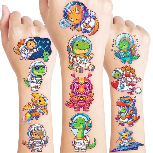 Image of 96 PCS Space & Dinosaur Temporary Tattoos for Kids | | Cosmic Galaxy Astronaut Fake Tattoos for Boys Girls | Fun Birthday Party Favors & School Rewards