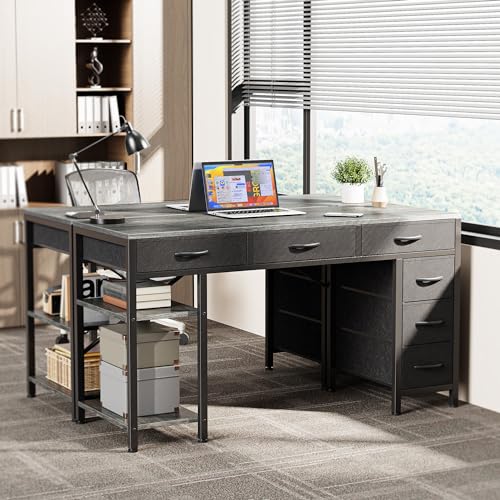 Huuger 47-Inch Reversible Computer Desk with 6 Drawers and Shelves - Gray Office and Gaming Desk for Home, Study, and Living Room