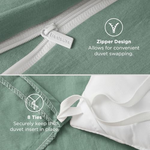 Image of Bedsure Prewashed Oversized Queen Duvet Cover, Cotton-Like Set, Sage Green | Ultra Soft, Relaxed Texture, 98 inchx98 inch Breathable Comfort, Hidden Zipper, 8 Corner Ties, Easy Care, OEKO-TEX, Year-Round Use