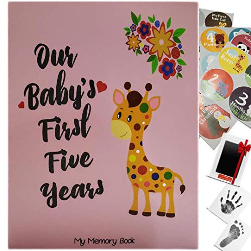 Image of Novarena Upto Age5 Baby Memory Book Journal Scrapbook with 48 Pack Milestones Stickers & Clean-Touch Baby Safe Ink Pad for Hand & Footprint, Giraffe and Jungle Theme for Boys and Girls