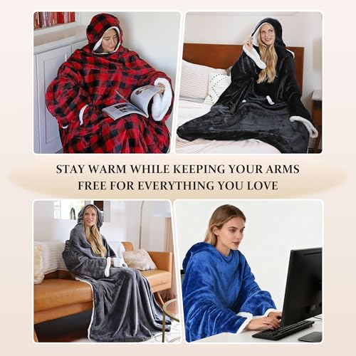 Tirrinia Sherpa Hood Wearable Blanket – Navy Blue Oversized Adult Hoodie Blanket with Pocket — view 6