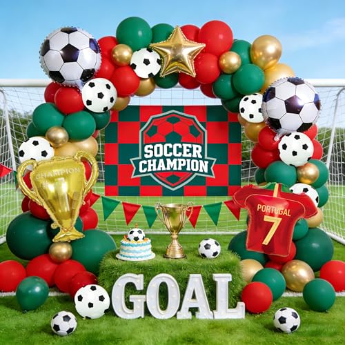 Soccer Balloon Garland Arch Kit Red Green Gold and Football Print Balloons with Football Star Trophy Foil Balloon for Soccer Sports Theme Birthday Party Fans Party Decorations