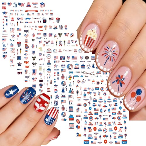 12 Sheets 4th of July Nail Stickers - 3D Self-Adhesive Independence Day Nail Stickers - American Flag Star Fireworks Stickers Designs for Women DIY Manicure Decorations Supplies