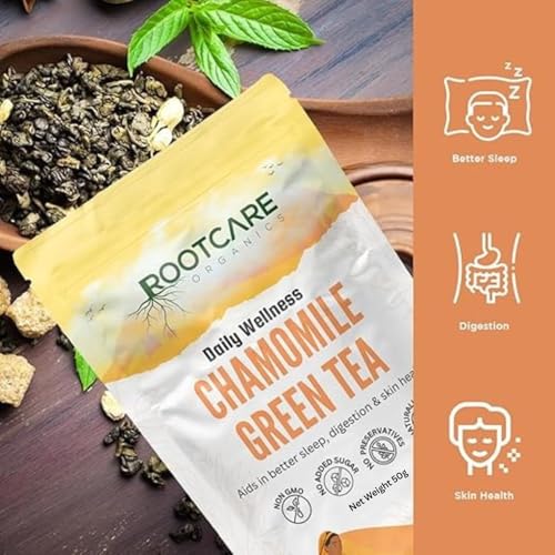 Image of Rootcare Organics chamomile tea for sleep 50g Relaxation Caffeine Free Herbal Tea Stress Relief & Anxiety Support Improves Sleep Quality Natural Dried Chamomile tea leaves