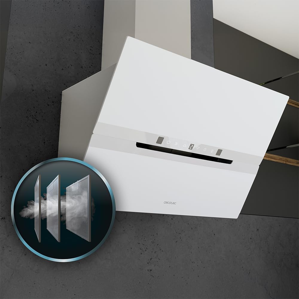 Cecotec Campana Extractora Decorativa 60Cm Bolero Flux Dt 608010 Glass White A++. Acabado Vidrio Blanco, Chimenea Inox, Succión 800M3/H, Motor 210W, Apertura Automática, Filtro Carbono