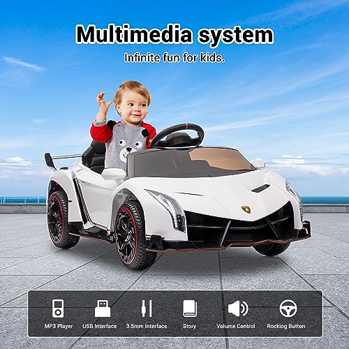12V Kids Ride On Car Suitable For 3 Years Older, Licensed Lamborghini Veneno Battery Powered Sports Vehicles With Parent Remote Control, Spring Suspension, Led Lights, Usb Port And Hydraulic Doors #TOP1