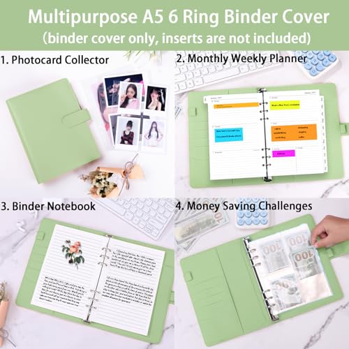 Image of Antner A5 Binder 6 Ring Refillable Notebook Planner Cover for Cash Organizer, PU Leather Loose Leaf Photocard Holder Aesthetic Small Binder for A5 Planner Inserts with Magnetic Buckle, Matcha Green