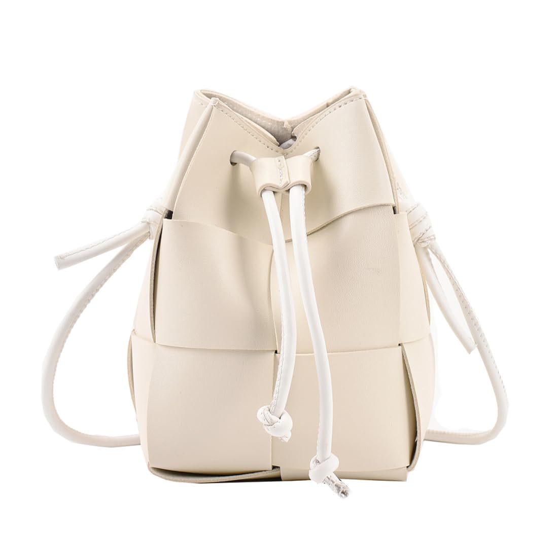 MYSNKU Women's Mini Woven Bucket Bag, Square Lattice Drawstring PU Leather Small Hobo Handbag Crossbody Handbags Soft Adjustable (White)
