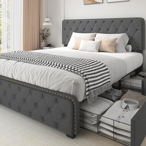LifezoneQueen Bed Frame with Headboard Upholstered Metal Platform Queen Bed Frame with 4 Storage Drawers, Linen Adjustable Headboard/All-Metal Support/No Box Spring Needed/Easy Assembly, Dark Grey