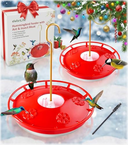 eWonLife Hummingbird Feeder for Outdoors, 2 Pack, Leak-Proof, Easy to Clean and Refill, Saucer Humming Bird Feeder Plastic, Including Hanging Hook, with 5 Feeding Ports (16 Ounce/Pack)