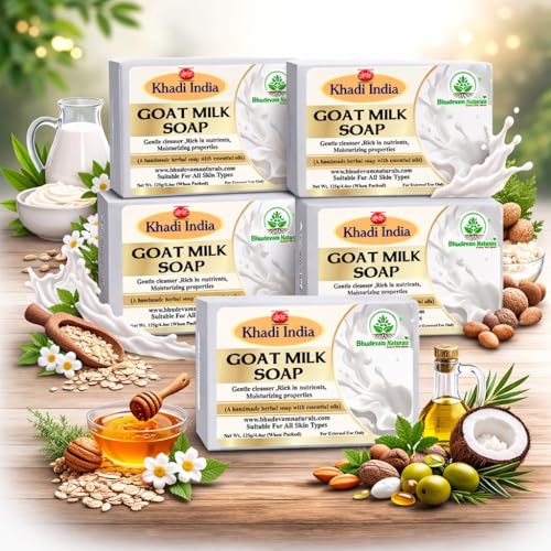 Image of Khadi Luxurious Handmade Pure and Natural Goat Milk Soap for Bathing and Skin Whitening By Bhudevam Naturals | Handmade Bathing Bar with Antioxidants for Healthy Skin | Suitable for All Skin Types (Pack of 5)