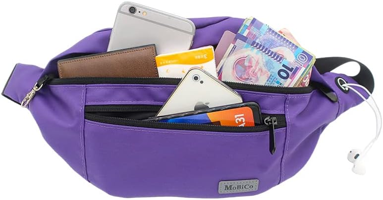 Fanny pack with various items inside its pockets, including phones, wallet, and cash