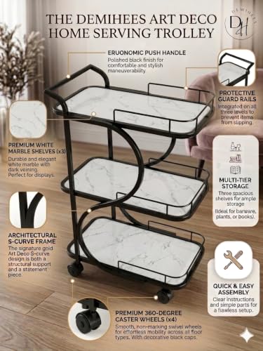 Image of Serving Trolley with Wheels for Home, Tea Food Drinks Serving Kitchen Trolley Restaurant, Hotels,Dining Room bar cart with Wheels (White-Black)