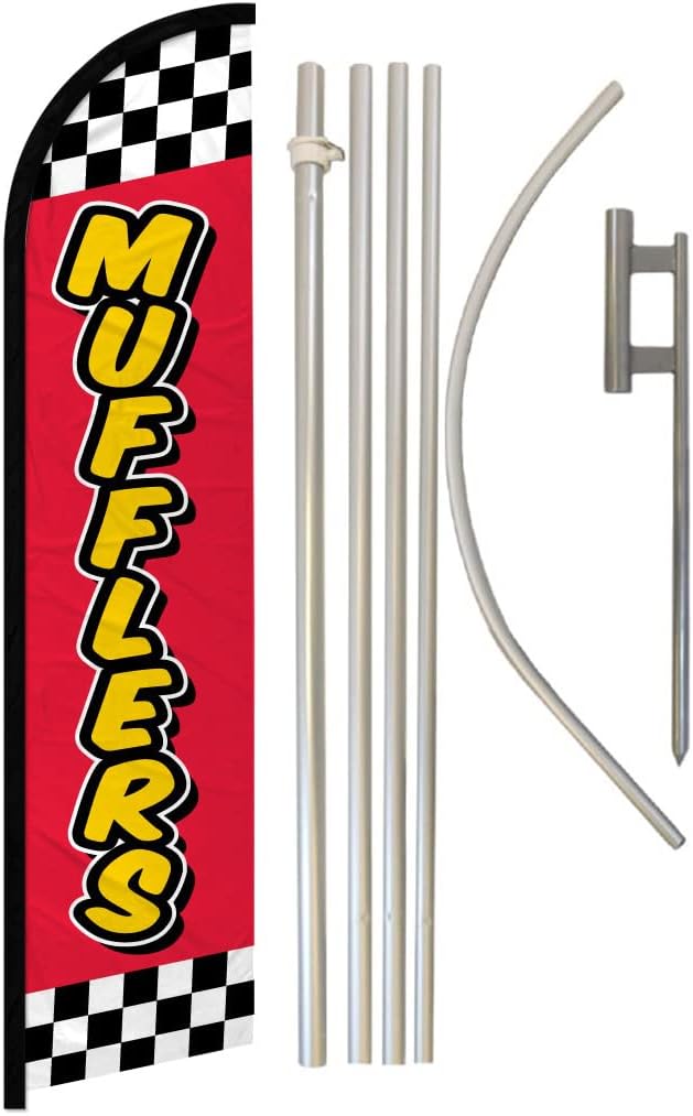 Mufflers (Red & Yellow) Windless Banner Advertising Flag & Pole Kit - Perfect for Mechanics, Auto Shops, Dealerships, Car Repair Shops