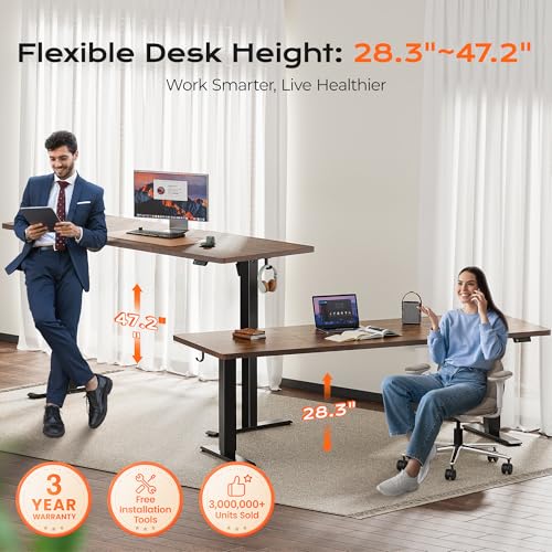 Image of Huuger 78.7'' x 29.5'' Large Electric Standing Desk, Height Adjustable Computer Desk, 29.5 inch Deep Desktop, Stand up Gaming Office Desk with 2 Hooks, 3 Preset Heights, for Home Office, Rustic Brown