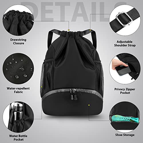 Photect 1 Pcs Football Backpack Basketball Soccer Ball Bag Volleyball Gym Drawstring Backpack for Youth Men Equipment Yoga (Black)