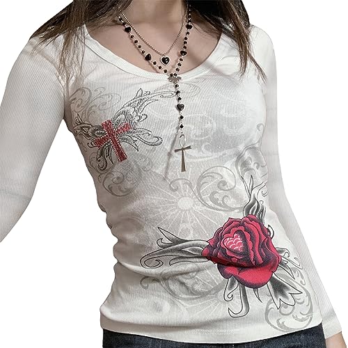 Image of Grunge Clothes for Women Y2K Tops Long Sleeve Fairy Grunge Aesthetic Shirts Teen Girls Vintage Graphic Tees Fall