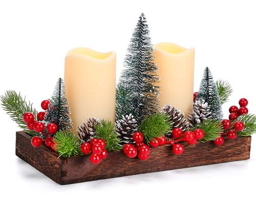 Centre de table de Noël rustique avec plateau bois et bougies LED pour repas de fête cosy