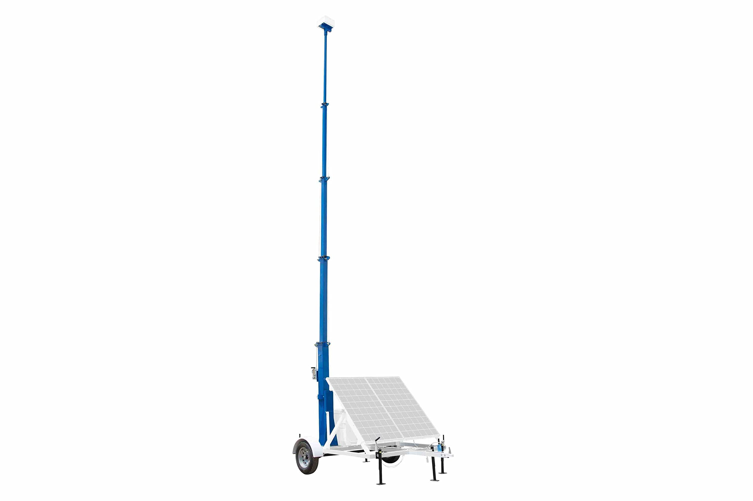 Portable Trailer Mounted Solar Tower Frame - 8.75' to 30' Mast - A-Frame for (2) Panels, Job Box - 7.5' Trailer
