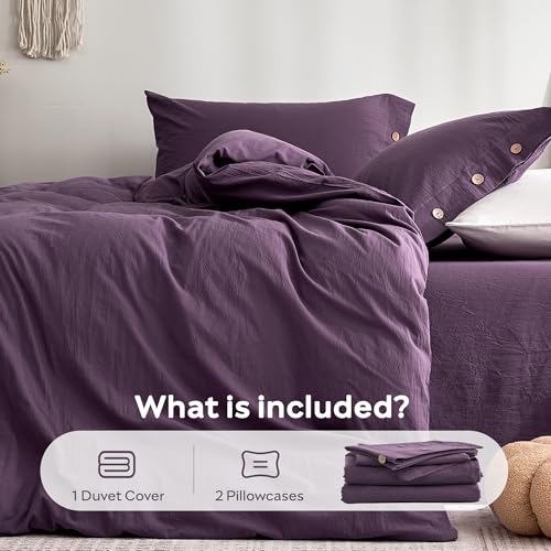 Image of JELLYMONI 100% Washed Cotton Duvet Cover King - Soft, Breathable Linen-Look Bedding with Natural Wrinkle Texture, Button Closure, 3-Piece Set (Iris Purple, 104 inchx90 inch)