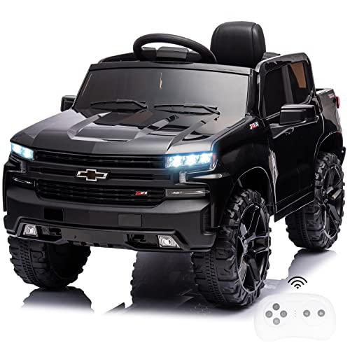 Image of Little Brown Box 12V Electric Car for Kids Licensed Chevy Silverado Ride On Car Truck with Remote Control, Battery Powered Ride On Toys, Sounds& Lights, 2 Speeds(Black)