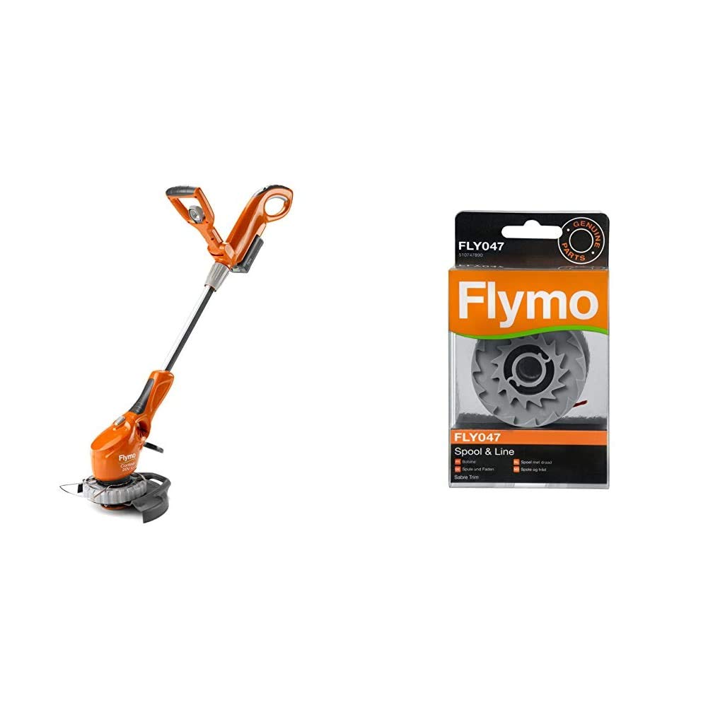 Flymo Contour Cordless 20V Li Grass Trimmer, 20V Li-Ion Battery, 25cm Cutting Width & FLY047 Single Line Spool and Line - Red