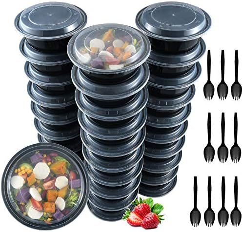 Plastic Meal Prep Containers, 30 Pack 32 oz, Reusable Food Storage Containers with Lids, Salad Container for lunch, Disposable Salad Bowls, Food Prep Bowls, Takeout Bento Box Freezer 10 Forks