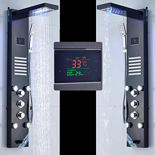 Panel de ducha LED negro con pantalla de temperatura, cascada y chorro de lluvia, grifo mezclador de tres mangos para fregadero y ducha miniatura 4