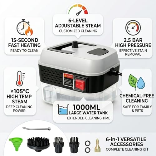 Image of Foandbevi 1200W Handheld Steam Cleaner with 6 Adjustable Levels, 105℃ High-Pressure Portable Steam Cleaning Machine for Car Detailing, Tile Grout, Couch, Mattress, Bed & Home - 6 in 1 Attachments