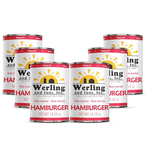 Werling Meats Canned Hamburger 14.5 Oz Fully Cooked Ground Beef Heat & Eat | Premium Quality | 5-Year Shelf Life | Pantry Staple for Everyday Meals Emergency Survival & Camping | Made in USA | Pack of 6