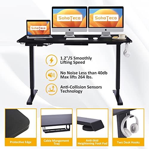 Sohoteco Height Adjustable Electric Standing Desk,55X24 Stand Up Desk With Dual Motor,Home Office Desk With Memory Controller And Cable Management Tray, Sit Stand Desk Black Frame/Black Top #TOP4