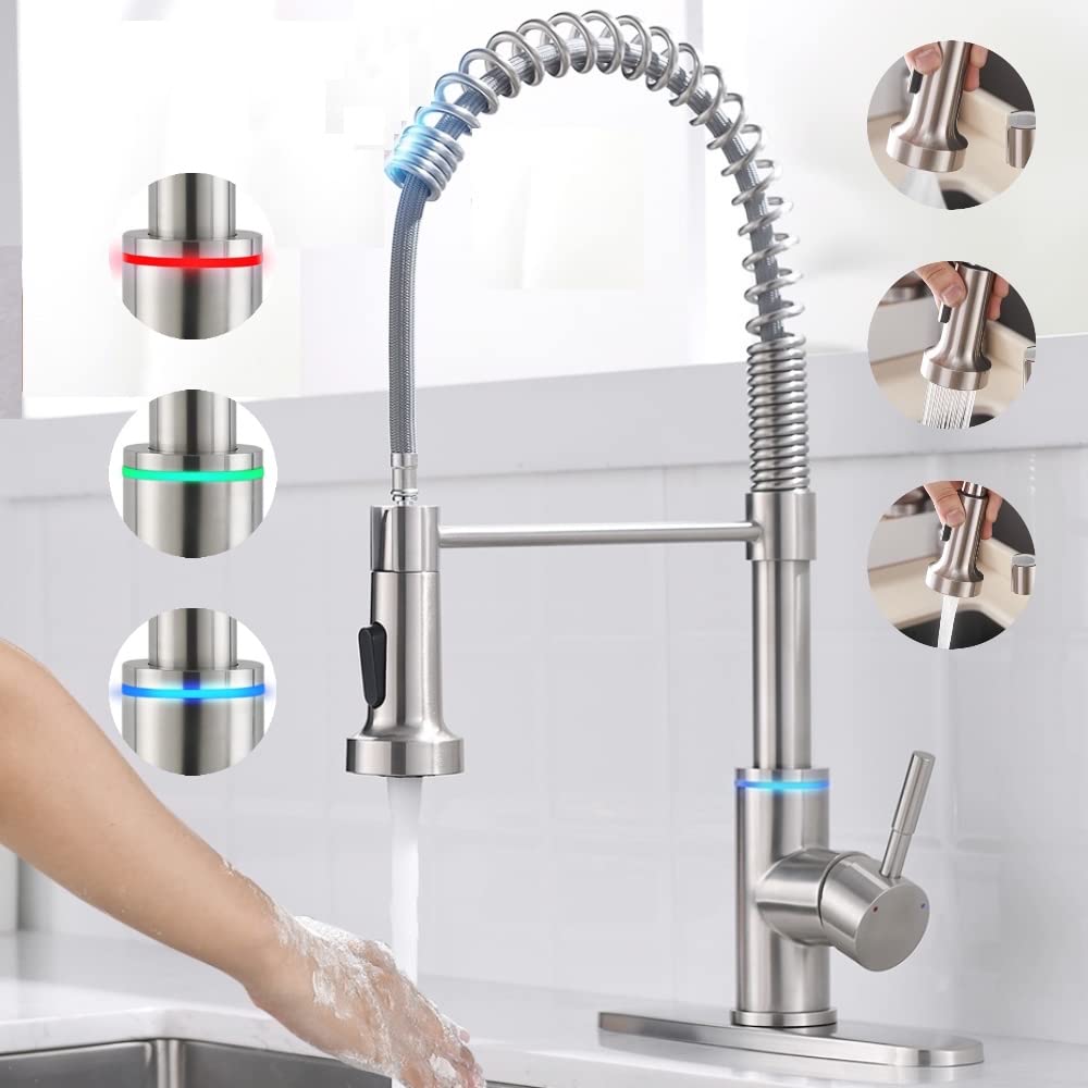 Smart Kitchen Faucet, 3 Modes Pull Down Sprayer, LED Temperature Control, Ceramic Valve, 360-Degree Rotation, 1 or 3 Hole Deck Plate. 5-Year Warranty. (KW-56SN, Brushed Nickel)