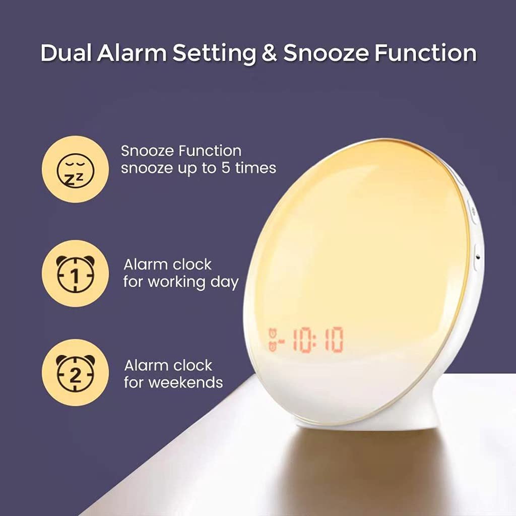 2 Pz Wake Up Light, Sveglia, con Simulazione Alba/Tramonto, Doppio Allarme e Funzione Snooze, 7 Suoni Naturali e Radio FM, Ideale per Regalo