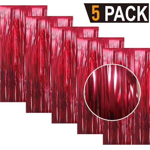 GOER 3.2 ft x 9.8 ft Metallic Tinsel Foil Fringe Curtains Party Photo Backdrop Party Streamers for Birthday,Graduation,New Year Eve Decorations Wedding Decor (5 Pcs,Burgundy)
