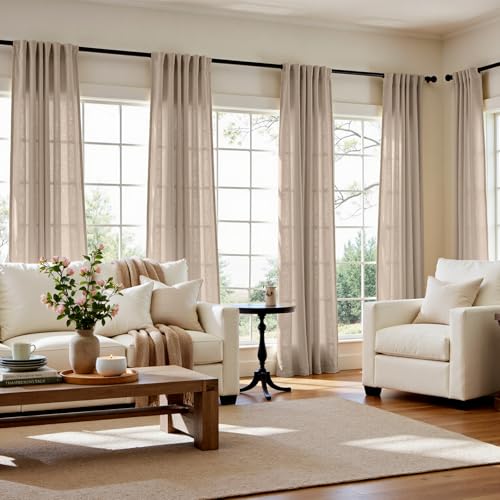 Image of jinchan Linen Curtains Light Filtering Back Tab 50x84 Inch 2 Panels Taupe