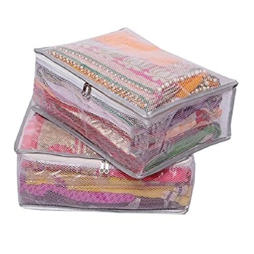 Image of Kuber Industries Polyvinyl Chloride Pack of 4 Saree Cover | Dress Packing Bags with Zip | Saree Pouches for Storage | Clothes Organizer for Wardrobe | Silver Lace | Transparent, 40cm, 30cm