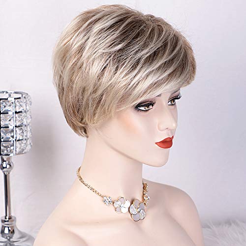 Vigorous Short Blonde Wig Short Wigs for Women Layered Shaggy Wig with Bangs Brown-Blonde Mixed Color 100% Imported Premium Synthetic Wigs