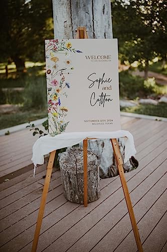 Editable Boho Wildflower Wedding Welcome Sign, Colorful Floral Wedding Sign Board Printable, Personalized Welcome Wedding Sign with Stand, Plastic Sign, Beige Welcome Sign for Wedding, Wedding Decor, Custom Design.