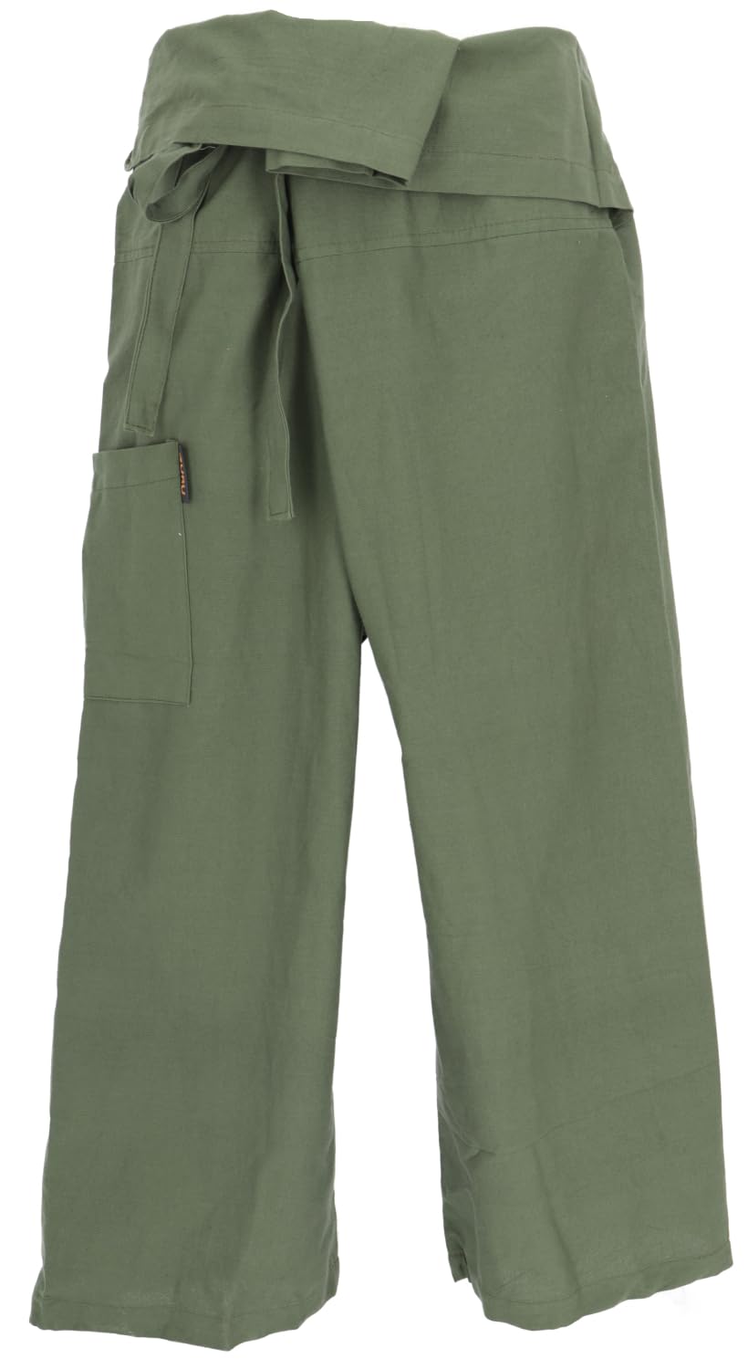 GURU SHOP Thai Fischerhose aus fester Baumwolle, Wickelhose, Uni Olive – Einheitsgröße