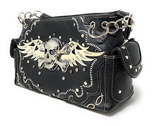 Texas West Women's Embroidered Metal Skull With Wings Purse Handbag and Wallet set3