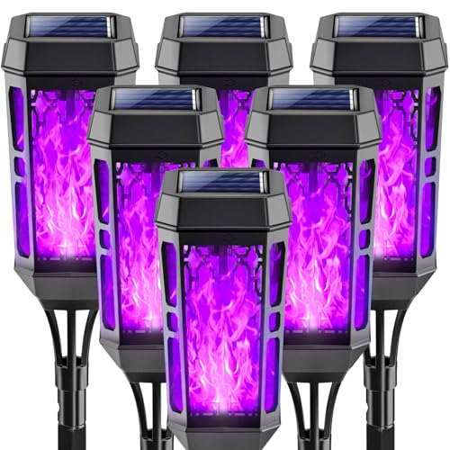 Joltix Violet Lumières Flamme Solaire Extérieur, Halloween 6 Packs Lampe Solaire Flamme Vacillante, Torches Jardin pour Decoration Halloween, IP65 Etanche Lanterne Exterieur pour Décor Jardin