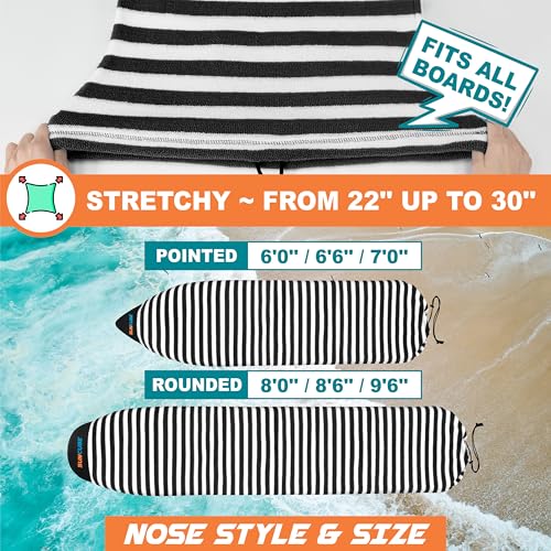 SUN CUBE Surfboard Sock Cover, Prevents Wax in Car, Stretchy Protective Surf Bag for Shortboard, Fish, Funboard, Longboard, Wakesurf, Reinforced Nose, Drawstring, Machine Washable (9'6'', Black White) by SUN CUBE - Image 6