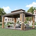 YOLENY 12' x 16' Gazebo Hardtop with Aluminum Frame,Galvanized Steel Double Roof Gazebos with Curtain and Netting,Outdoor Metal Pergolas for Garden, Lawn, Deck, Brown