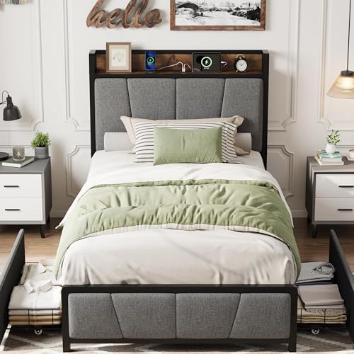 Image of GAOMON Twin Size Bed Frame with 2 Storage Drawers and Charging Station, Rustic Linen Upholstered Platform Bedframe with Storage Headboard, Heavy Duty, No Box Spring Needed, Easy Assembly, Noise Free