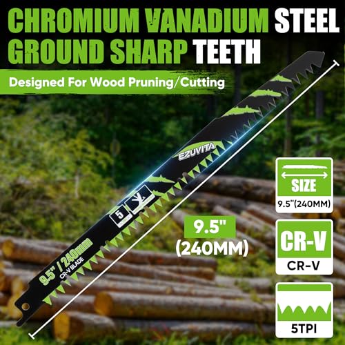 Image of 9.5-Inch 6-Piece Wood Pruning Reciprocating Saw Blade Set | 5 TPI,CR-V Steel, Extended Blade, Universal Shank for Tree Trimming, Wood & Plastic Pipes Cutting, Storage Box