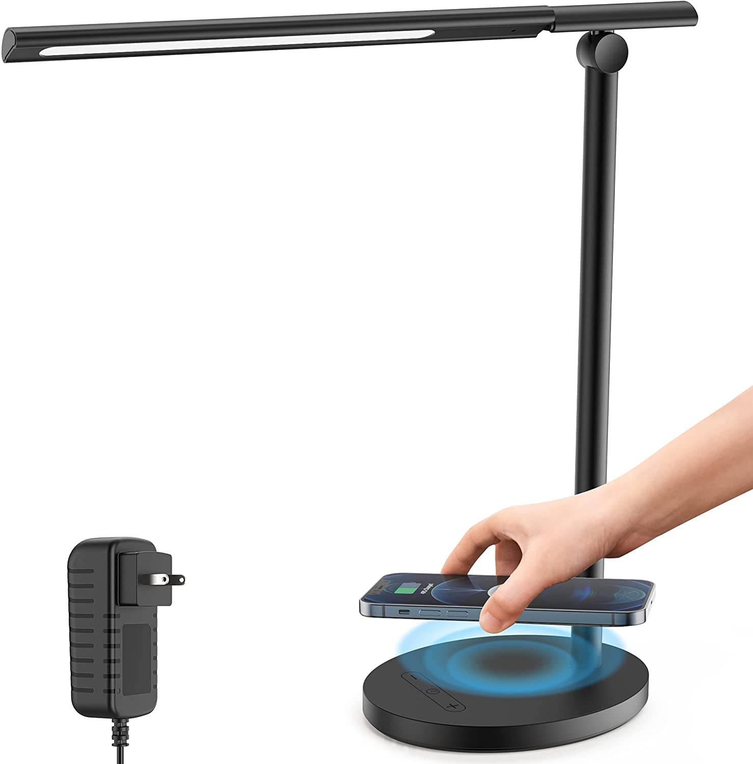 LED Desk Lamp with Wireless Fast Charger, Stepless Dimmable Touch Control Office Lamp, 3 Lighting Mo