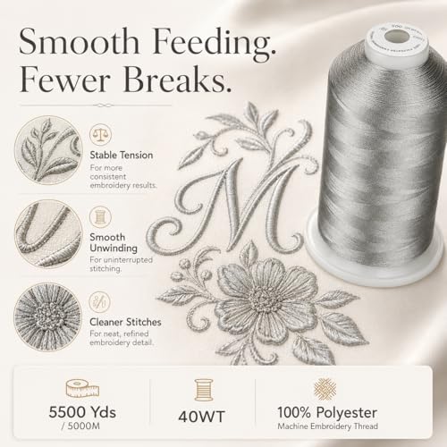 Image of Simthread Embroidery Machine Thread 5000M 40WT Polyester, Silver 005 | 5000M 40WT polyester thread feeds smoothly for home or commercial embroidery projects.