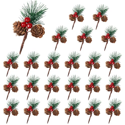 24 PCS Christmas Artificial Pine Picks for Decorating, Pine Needles Branches with Red Berry Stems, Xmas Crafts Branches for Xmas Pinecones Ornaments Red Berry Christmas Decor