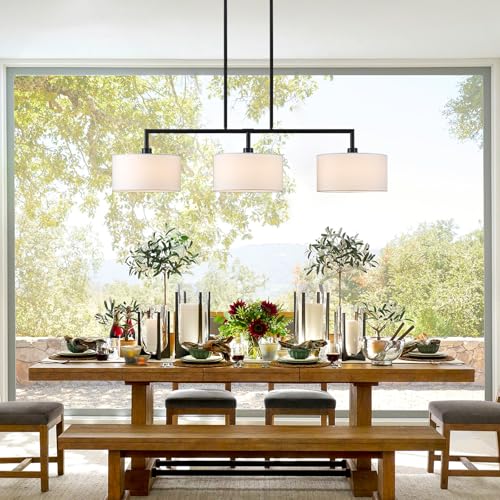 Image of 47 inch W Modern Linear Kitchen Island Pendant Light Fixture 3-Light White Linen Drum Shade Chandelier Black Metal Linear Chandeliers for Dining Room Farmhouse Hanging Light for Living Room, Bar, E26